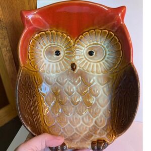 Vintage Owl Ceramic Bowl Orange Brown Glazed Serving Dish Excellent Condition